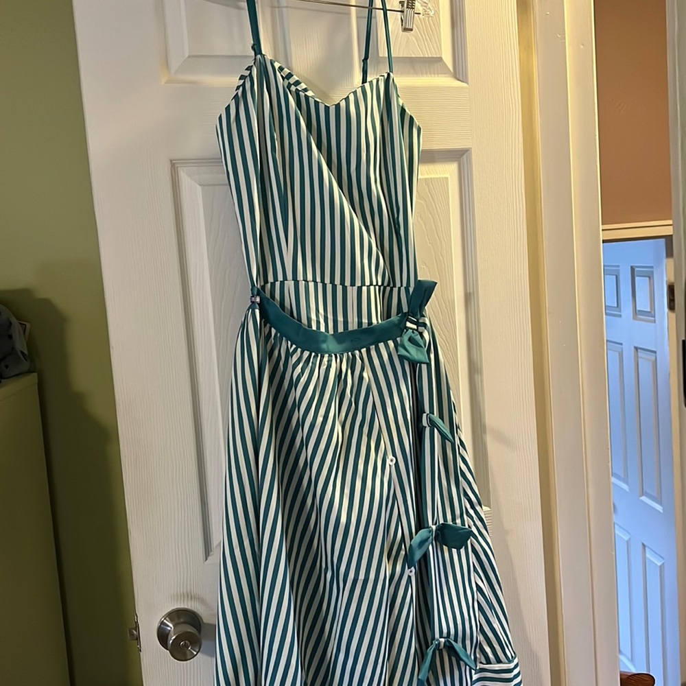 NWOT 1940s Replica Teal and White Striped Romper w/ Detachable Skirt Size Large